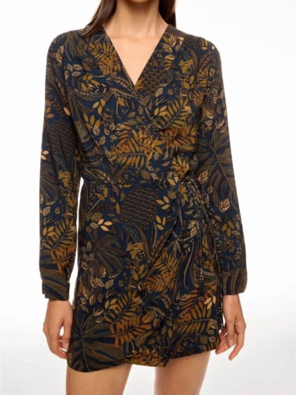 FARM Rio Teal and Gold Botanical Wrap Dress